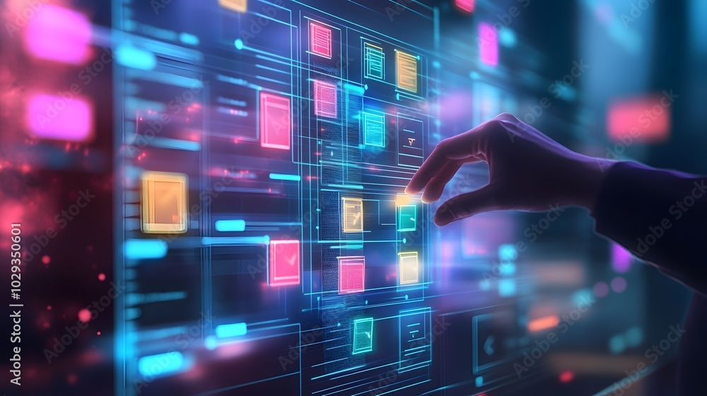 Aufkleber a futuristic digital interface showcasing vibrant colors and data interaction, emphasizing technolog