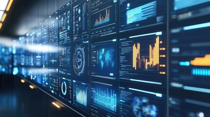 High-tech control center with logistics software displaying real-time data and performance metrics
