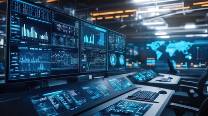 High-tech control center with logistics software displaying real-time data and performance metrics