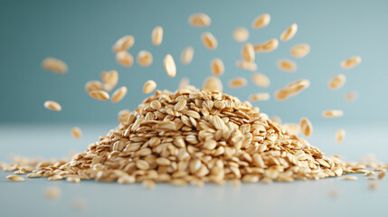 A pile of oats is captured in motion, with several grains suspended in the air against a soft blue background.