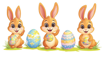Obraz premium Cute Easter Bunnies With Colorful Eggs on a White Background Generative AI