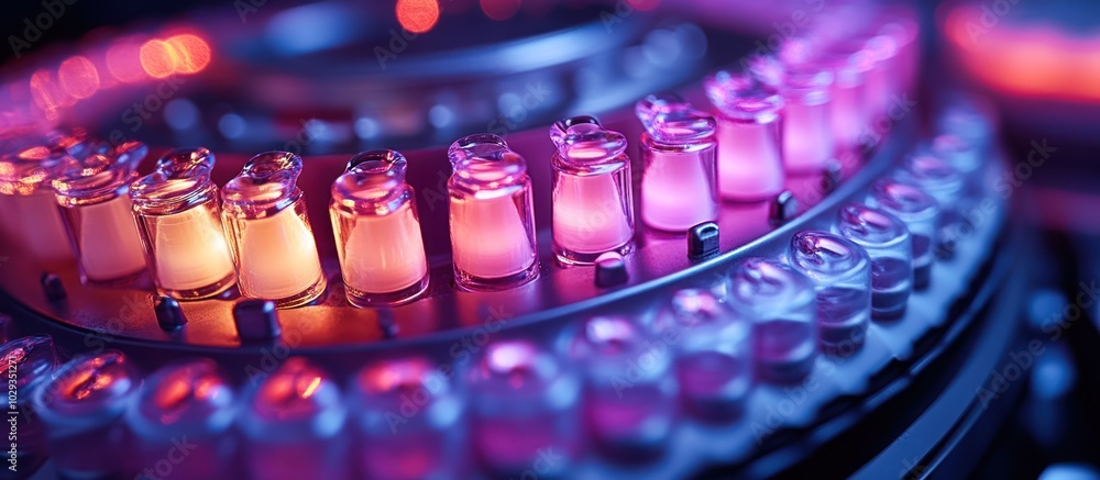 Poster a close-up view of illuminated vials on a rotating platform, showcasing a scientific setup.