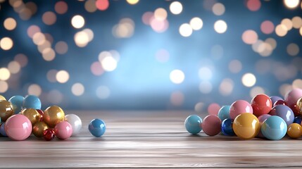 Obraz premium A colorful arrangement of Christmas lights and baubles sprawled across a table, with a large empty space in the center for text.