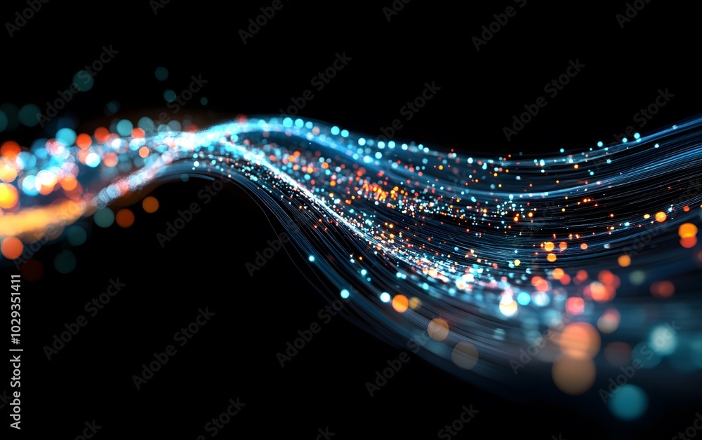 Poster a mesmerizing wave of colorful light particles flowing gracefully against a dark background, creatin