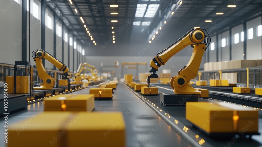 Poster high-tech logistics center with robotic arms and automated package handling