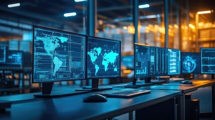 High-tech logistics command center with multiple monitors displaying real-time shipment tracking and analytics