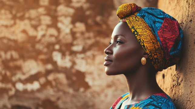 The woman gazes thoughtfully while adorned in a colorful headwrap radiating cultural pride