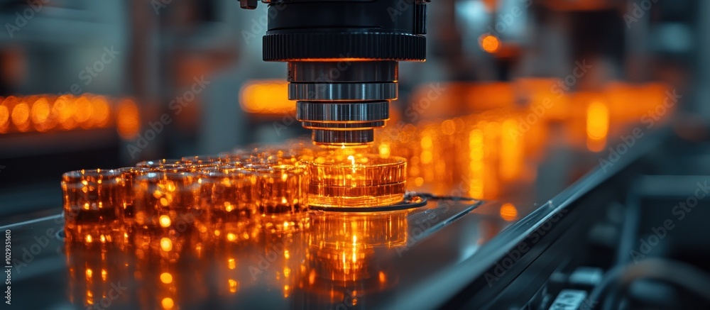 Poster close-up of a robotic arm in a factory, assembling glowing components on a conveyor belt.
