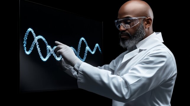 Decoding the Code: A seasoned scientist examines a complex DNA strand, displayed on a screen. The image evokes the essence of scientific exploration. - Powered by Adobe