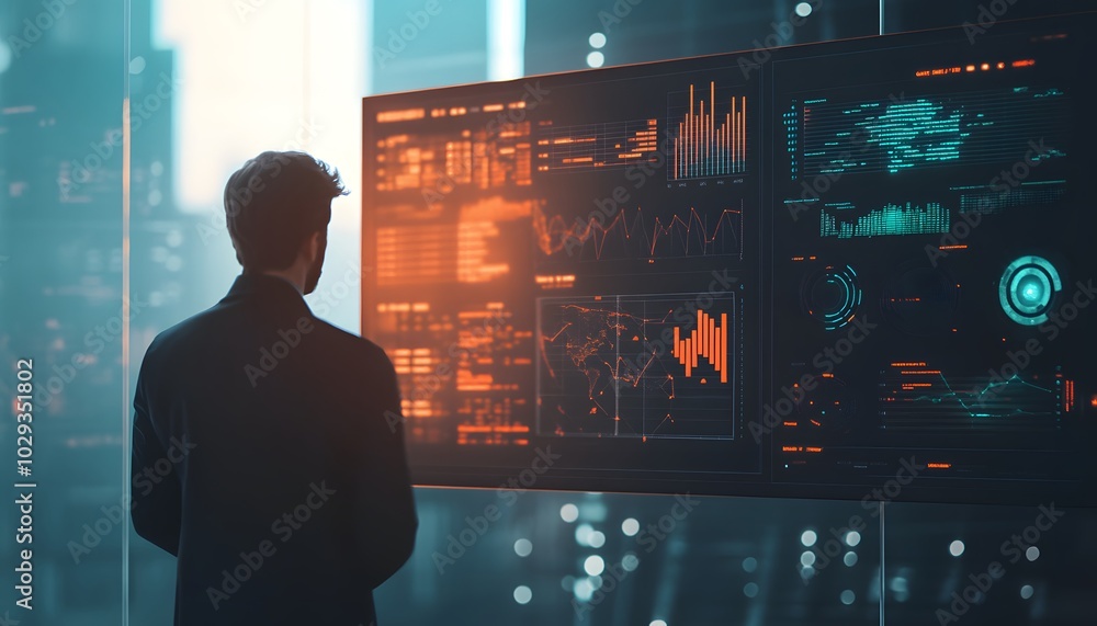 Poster a professional analyzing data on a digital screen in a high-tech environment, showcasing modern tech