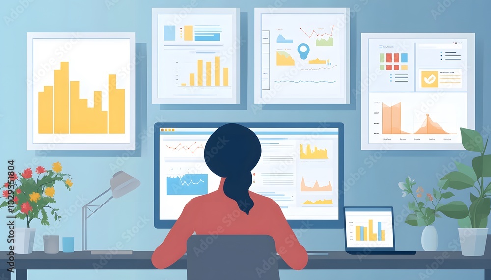 Poster a professional analyzing data on a computer with analytical charts on the wall, showcasing modern wo