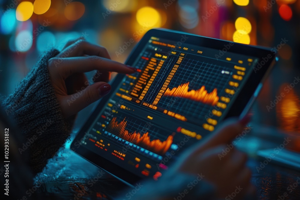 Poster a person analyzing data on a tablet with a dark, illuminated background.