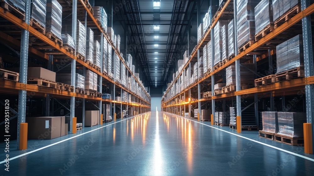 Poster high-tech warehouse with automated systems for sorting and managing inventory