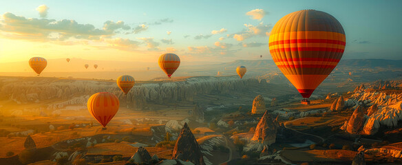 Obraz premium Balloons over Cappadocia at sunrise Hot air balloons ascend into a vibrant sky over Cappadocia’s unique rock formations during a stunning sunrise.