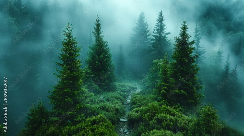Poster misty path in tall evergreen forest a tranquil path winds through a misty forest filled with dense g