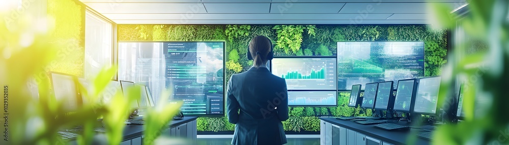 Poster a professional observing data on multiple screens in a modern office, surrounded by greenery and nat