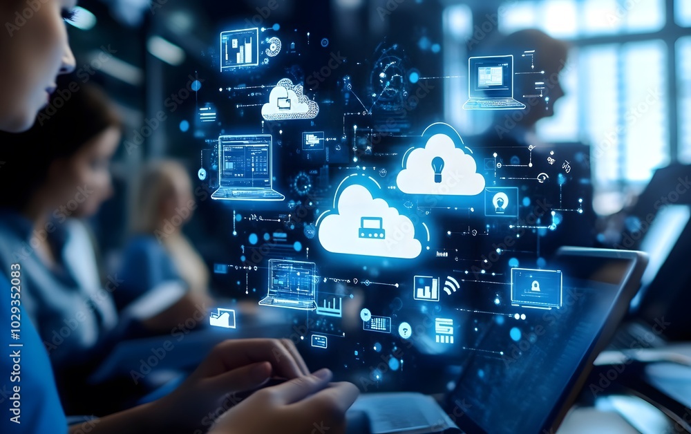 Poster a professional working on a laptop with cloud computing icons, symbolizing technology and data manag