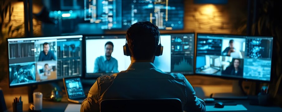 A professional using multiple monitors for video conferencing and data analysis in a modern workspace environment.