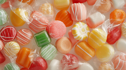 A colorful assortment of wrapped candies in various shapes and colors, showcasing a delightful and vibrant mix perfect for any sweet tooth.