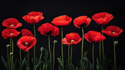 Obraz premium Vibrant red poppies in full bloom, standing gracefully against a dark background, symbolizing beauty and resilience in nature.