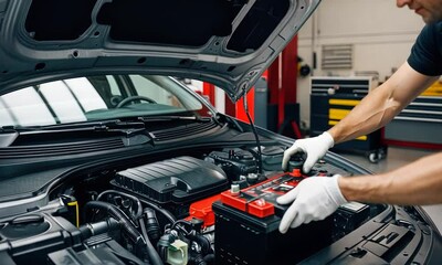 Discover the process of replacing a car battery as a skilled technician carefully removes the old unit and installs a new one, ensuring a smooth and safe operation