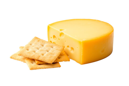 Assorted cheese blocks and slices with crackers and fresh rosemary isolated on white transparent background. Concept of appetizers and snacks
