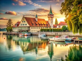 Vintage Style View of Inselhalle in Lindau, Lake Constance, Germany &ndash; Scenic Architecture and Serene Waterscape