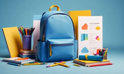 A lively study area is filled with a blue backpack accompanied by vibrant yellow notebooks, colorful pens, and cheerful stationery, creating an inviting atmosphere for learning and creativity
