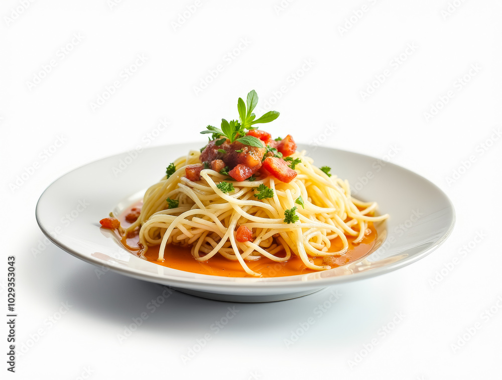 Poster a serving of spaghetti is artfully arranged with a vibrant salsa topping made of tomatoes and garnis