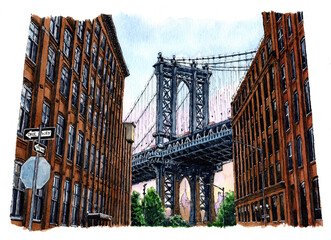 Ink and Watercolor sketch of Brooklyn Bridge, New York