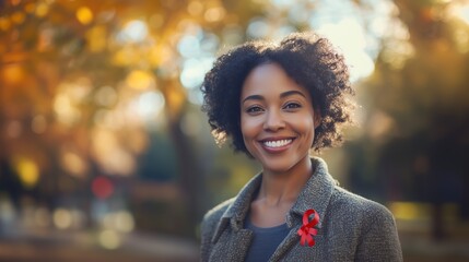 Obraz premium A smiling woman standing outdoors, wearing a red AIDS ribbon pinned to her jacket