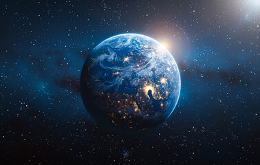Obraz premium City lights bright against dark space The planet Earth displays city lights glowing against the vastness of space, showcasing its beauty amidst the darkness of the universe.