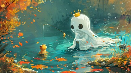 A cute ghost wearing a white cape and crown is fishing by the river,...
