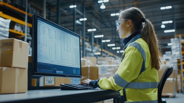 Logistics coordinator reviewing shipment data on a computer screen while surrounded by packages in a busy warehouse