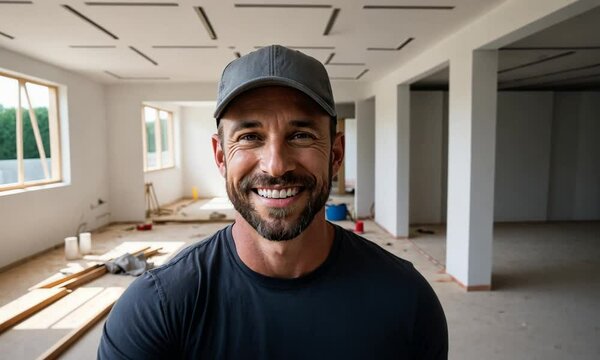 A smiling construction worker stands confidently in a bright, unfinished room, highlighting the collaborative spirit and effort that goes into creating vibrant living spaces