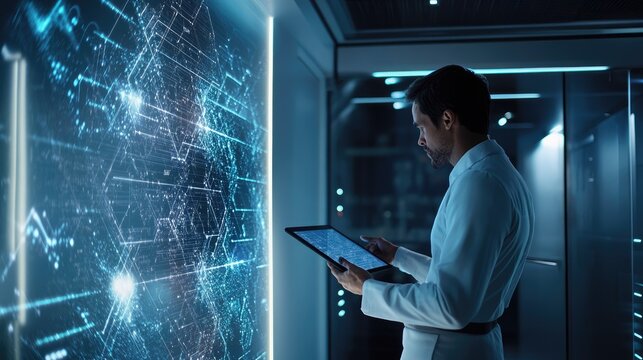 Logistics expert analyzing data on a tablet in a high-tech control room