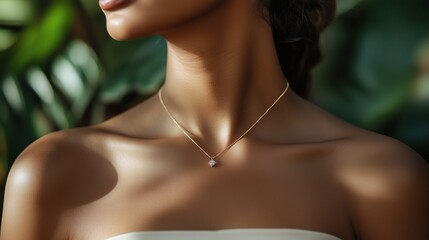 Woman showing a precious diamond necklace around her neck