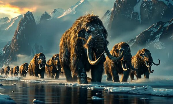 Witness the grandeur of woolly mammoths as they stride through a stunning snow-covered terrain, surrounded by towering mountains under a clear sky