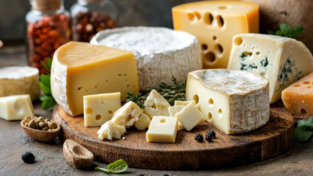 A variety of cheeses are displayed on a wooden cutting board