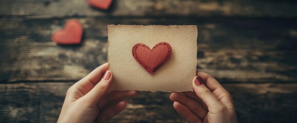 Close-up of hands creating handmade Valentine's Day greeting cards on a crafting desk with heartfelt messages and supplies. Wide web banner.