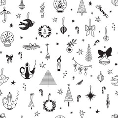 Seamless pattern for Christmas on a white background with elements Christmas. Beautiful pattern for a luxurious gift wrapping paper, t-shirts, greeting cards. Vector illustration.