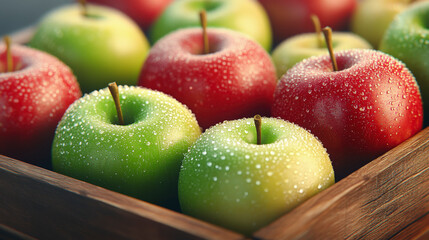 Fresh red and green apples with dewdrops sit in a wooden crate, showcasing vibrant colors and crisp textures in a perfect harvest display.