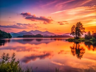 Obraz premium Vintage Sunset Over Tranquil Lake with Mountain Silhouette - Serene Nature Photography