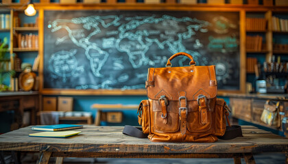 Leather backpack on wood table with map A vintage leather backpack sits on a rustic wooden table in a cozy classroom, surrounded by a chalkboard world map and stationery.