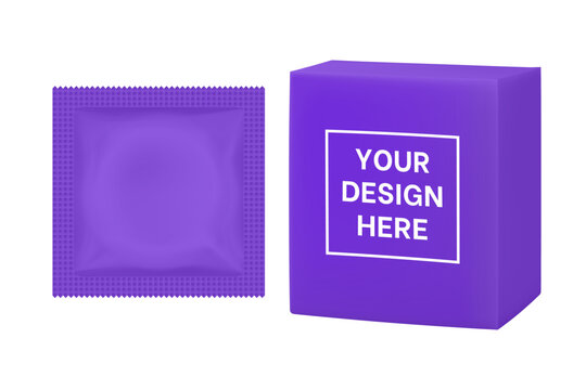 Purple condom packaging mockup. Contraception method, safe love. Foil pouch and box
