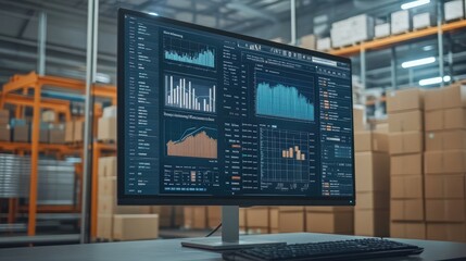 Logistics software interface showing shipment progress and data analytics on a computer screen