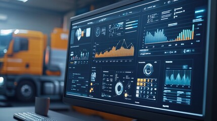 Logistics software interface showing shipment progress and data analytics on a computer screen