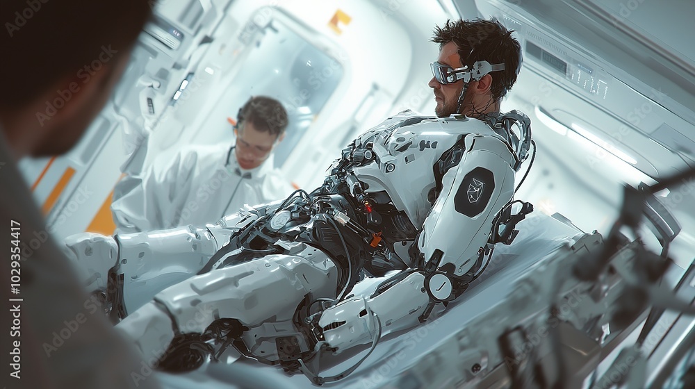 Poster a futuristic scene depicting a man in a high-tech suit being attended to by a scientist in a sterile