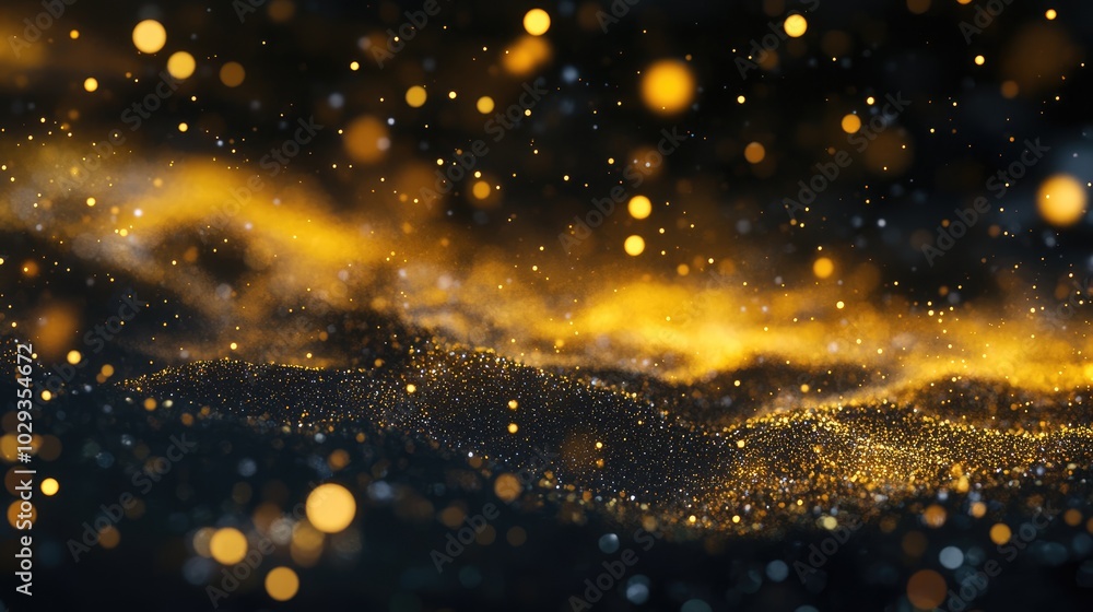 Poster magical golden glitters drifting through the dark expanse, creating a mesmerizing celestial effect