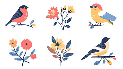 Decorative Flat Geometric Designs Featuring Birds and Flowers Generative AI